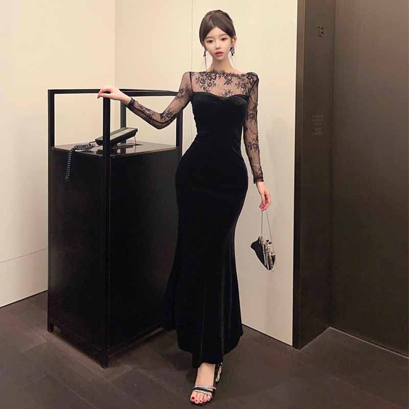 1164 Europe and America Southeast Asia Foreign Trade Wholesale 2024 French Pure Desire Lace Stitching Velvet Backless Dress Dress