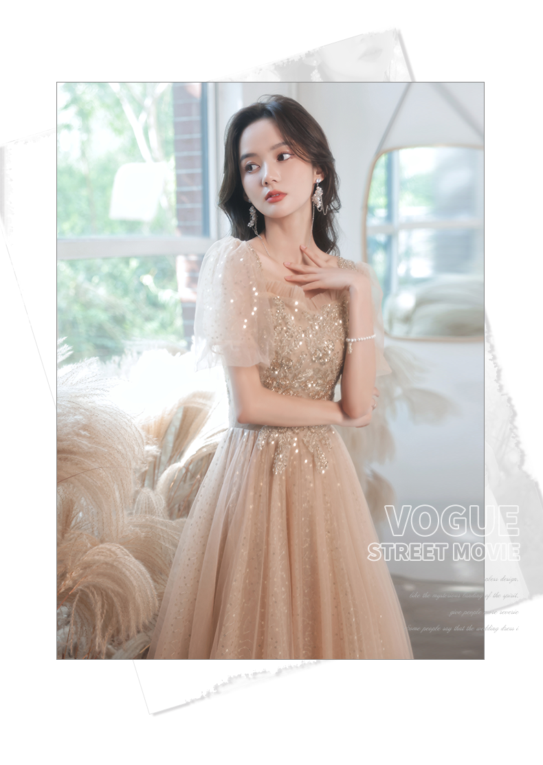 Champagne Evening Dress for Women Banquet Temperament Light Luxury Minority High-End High-Grade Host Summer Art Exam Engagement Dress