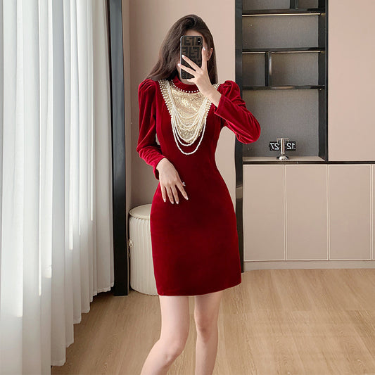 Toast Dress Bride 2023 Winter New Velvet Long Sleeves Engagement Evening Dress Women's High-Grade Host Dress