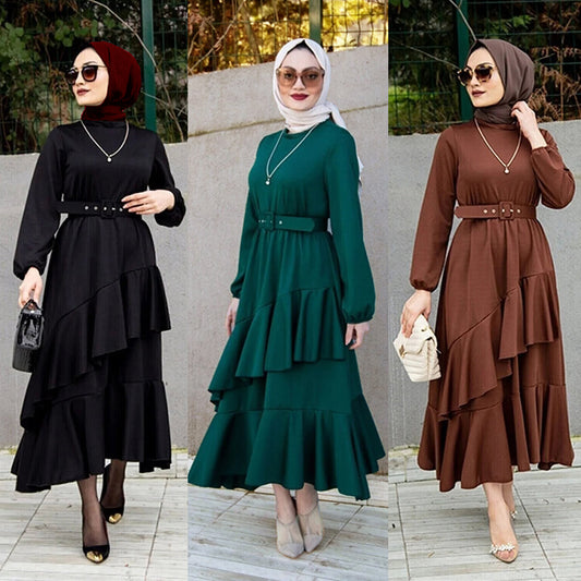 2207# Middle East Women's Clothing Turkey Explosion Long Dress Muslim Dress Double Layer Ruffled Waist Dress