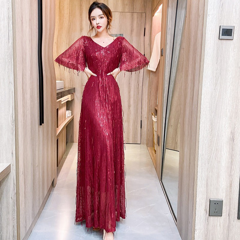 Starry Evening Dress Dignified Temperament Bride Toast Dress V-neck Flared Sleeves Sequined Tassel Slimming Long Dress Women