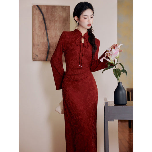 New Chinese Style Women's Long Sleeve Wine Red Dark Pattern Improved Engagement Cheongsam Family Visiting Shoes Toast Dress Wedding Dress