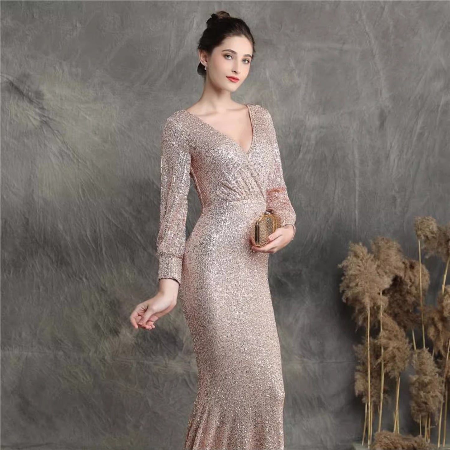 4645 Sequined Evening Dress New High-End Toast Dress Sexy Deep V Temperament Fishtail Host Banquet Dress