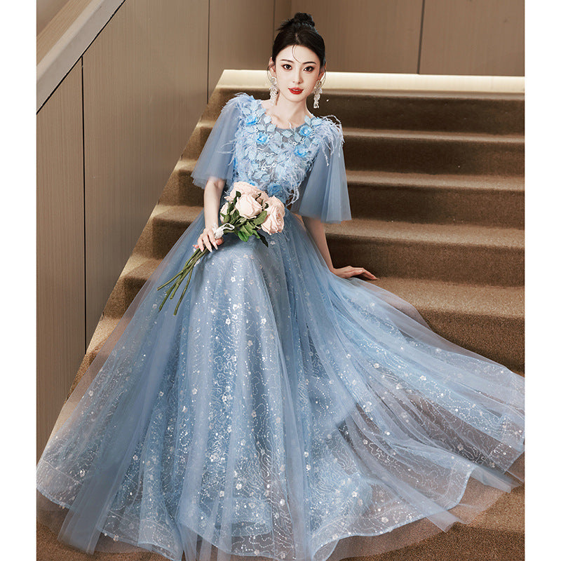 Blue Evening Dress High-End Affordable Luxury Niche Fairy 2024 New High Sense Dinner French Host Long