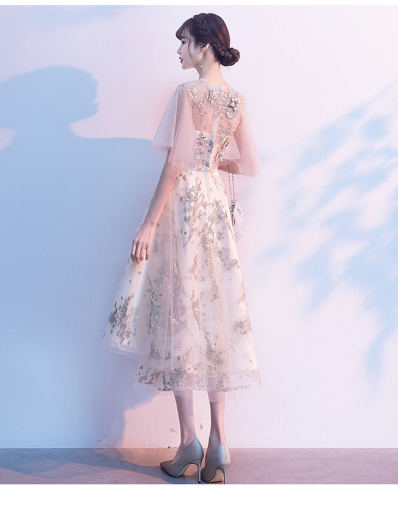Evening Dress for Women Banquet Temperament Fairy Light Luxury Minority High-End Host Short Front Short Back Length Dress
