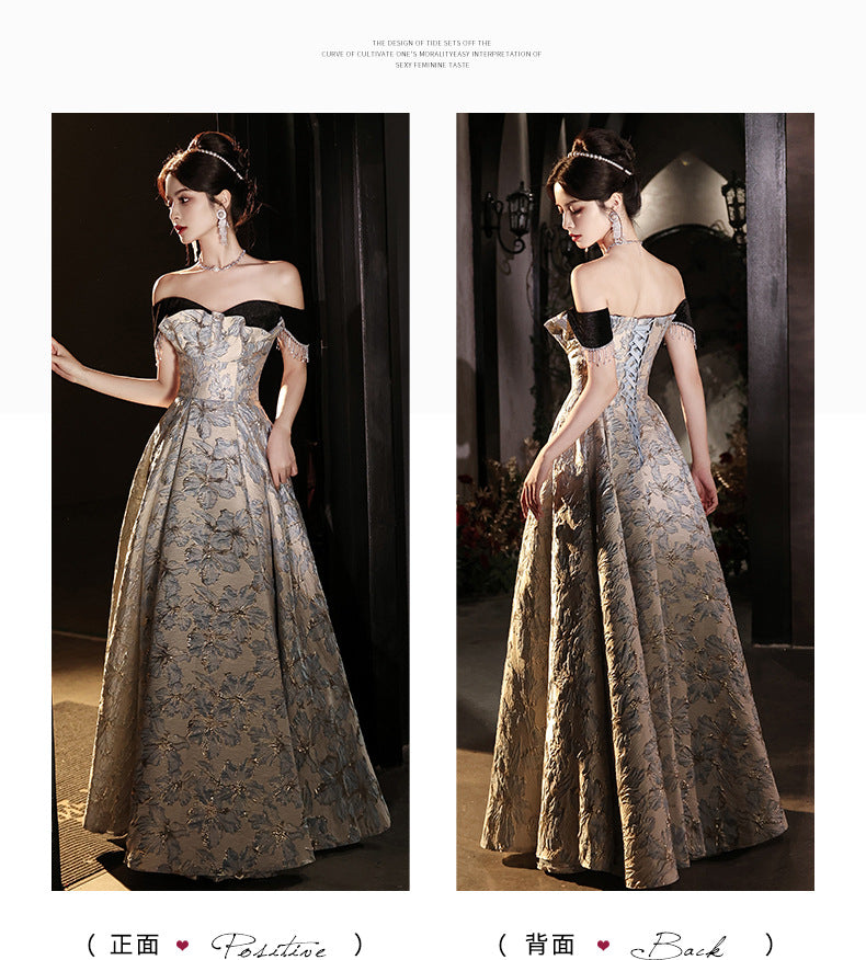 off-Shoulder Banquet Evening Dress Dress Female Gao Ding French Entry Lux Niche High-End Temperament Senior Sense Host Adult Ceremony