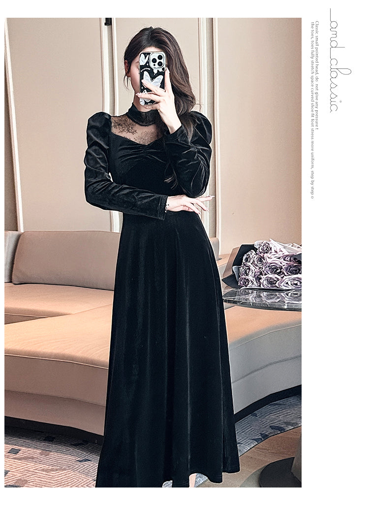 2023 Autumn and Winter Annual Party Party Dress Skirt ~ French Style Hepburn Elegant Half Turtleneck Lace Stitching Velvet Dress