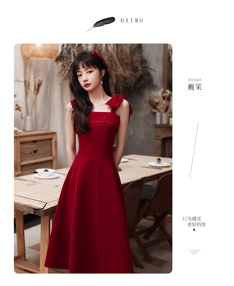 Toast Dress Bride Spring Short Small Wine Red Daily Style Back-to-Door Casual Wear Sling Female Engagement Dress