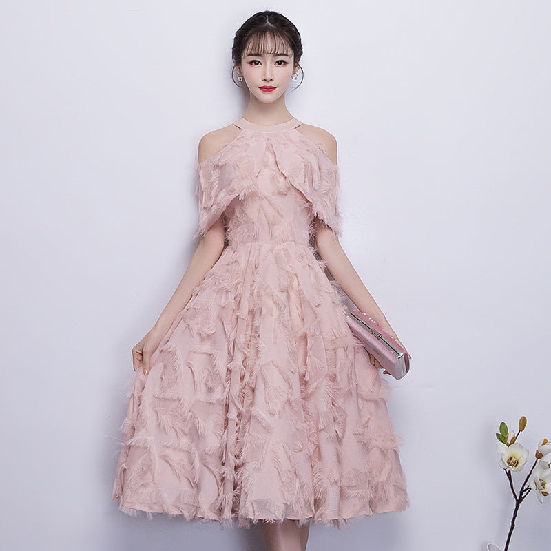 Halter Banquet Evening Dress Dress Women's 2024 Autumn New Elegant Long Slimming Solo Art Exam Pink Bridesmaid