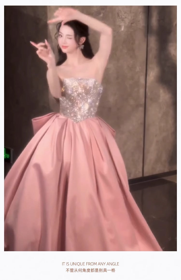 Pink Evening Dress for Women 2024 New High-Grade Tube Top Banquet Temperament Host Birthday Dress 18-Year-Old Adult Ceremony