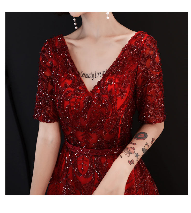 Toast Dress Bride Wedding Evening Dress Temperament Red Engagement Banquet Host Dress Women's Autumn Evening Dress