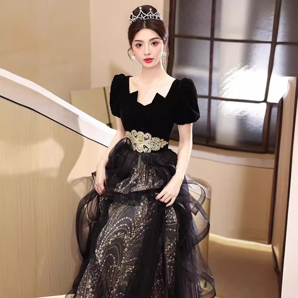 Black Evening Dress French Style High Sense 18-Year-Old Adult Ceremony Small Size Dress Banquet Host 2024 New