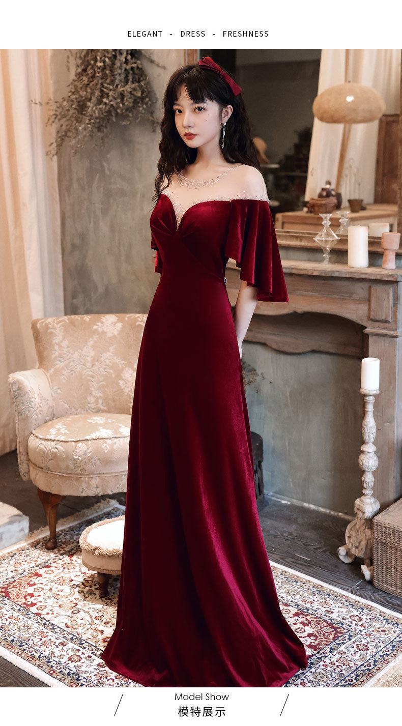 Toast Dress Bride 2024 New Autumn Wine Red V-neck Banquet Evening Dress Elegant Figure Flattering Wedding Toast Dress