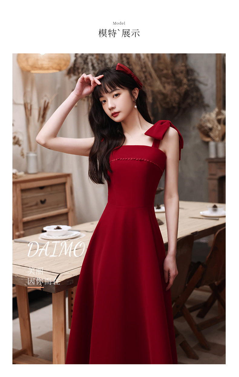 Toast Dress Bride Spring Short Small Wine Red Daily Style Back-to-Door Casual Wear Sling Female Engagement Dress