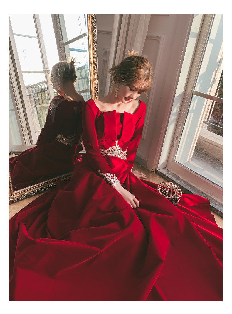 Toast Dress Bride 2024 New Autumn Velvet Long-Sleeved Red Back-to-Door Dinner Dress Marriage Engagement Toast