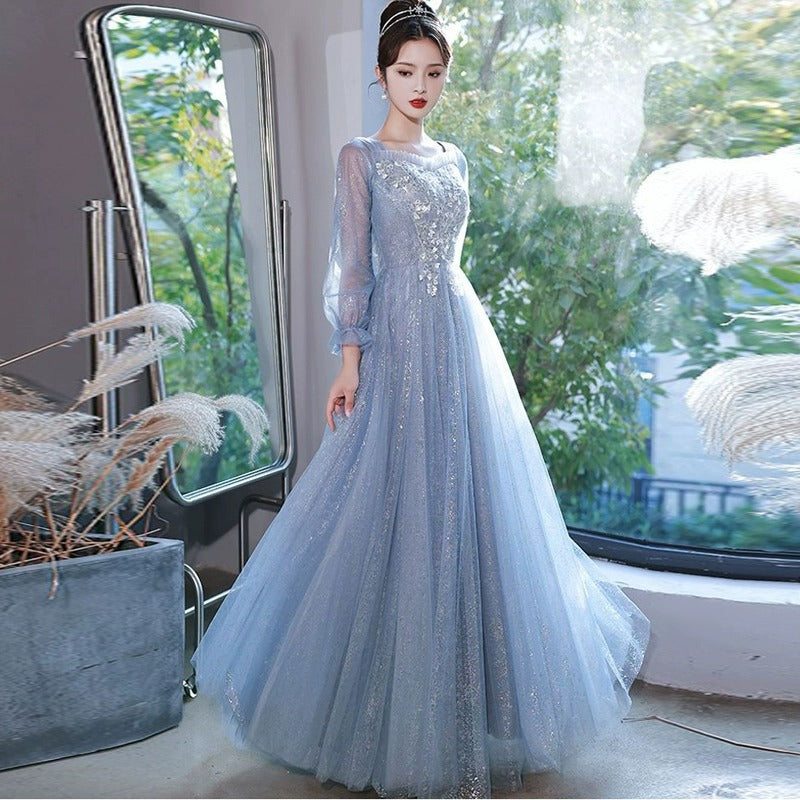 High-End Blue Dress High-End Sense Banquet Host Fairy Vocal Music Student Art Exam Dress Student Performance Dress
