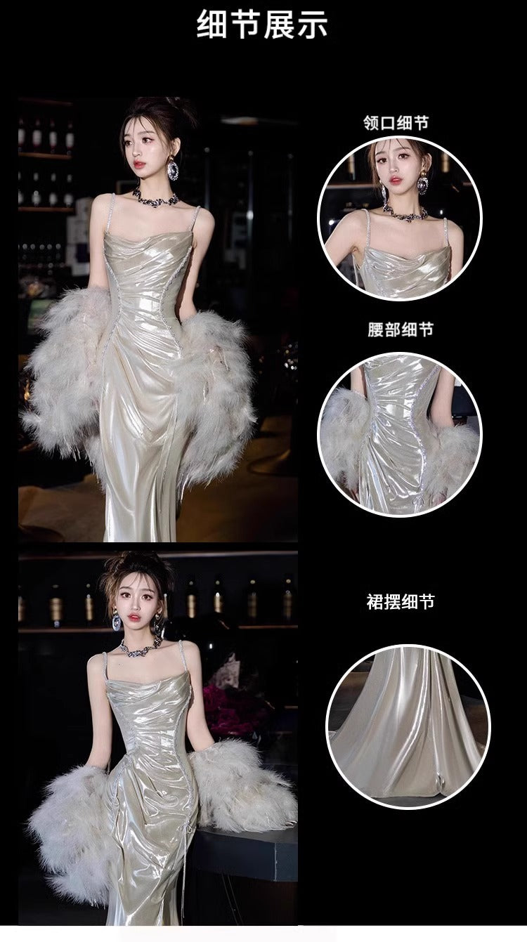 Silver Shiny Evening Dress Morning Gowns 2024 New High-End Sense Light Luxury Minority Birthday Party Sling Toast Dress