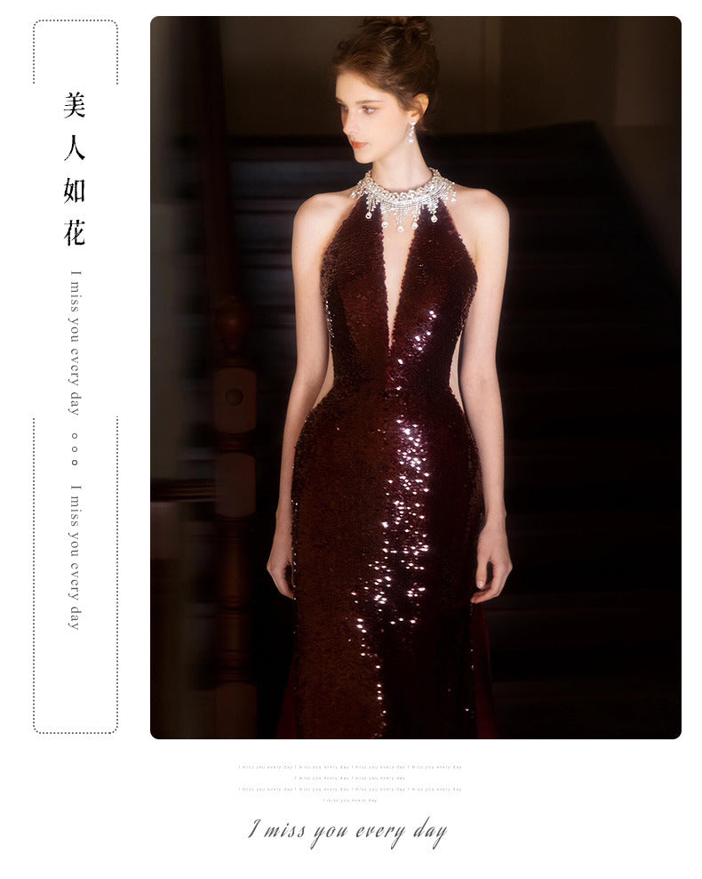Sequined Toast Dress for Bride Wine Red Engagement Banquet Temperament Long Halter-Style Heavy Work Fishtail Evening Dress for Women