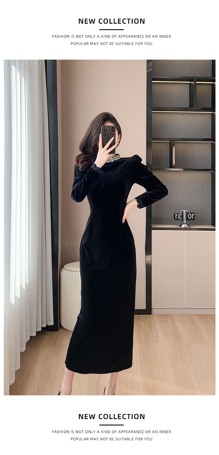 Black Dress High-End Dress Long Light Luxury Beads Rhinestones Long Sleeve Velvet Dress Autumn and Winter Annual Party Banquet Evening Wear