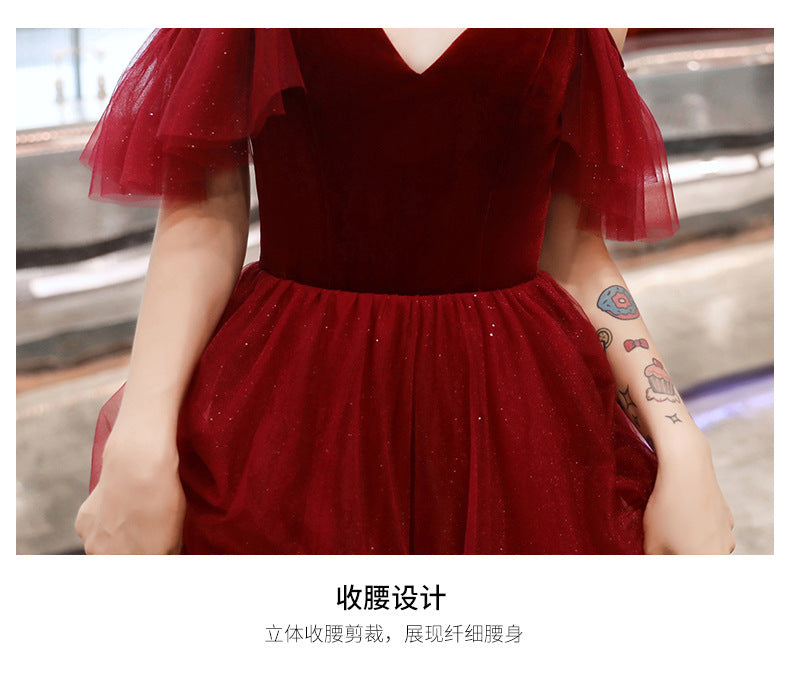 Toast Dress Bride Wine Red Dress Slimming Temperament 2022 New Banquet Strap Handmade Marriage Engagement Dress