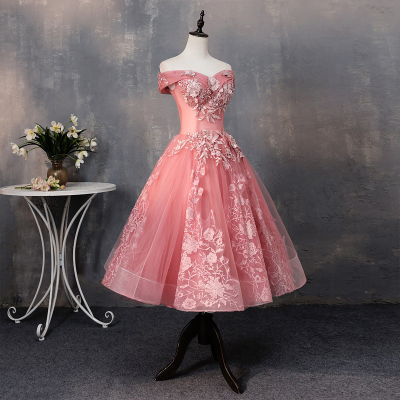 Evening Dress Short Pettiskirt Spring Pink Wedding Bridesmaid Dress off-Shoulder Short Sleeve Slimming Host Dress for Women