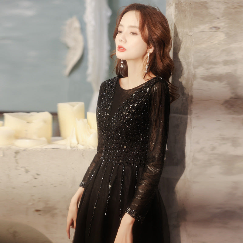 Black Evening Dress Female 2024 Autumn New Master Host Art Exam Dress Choral Performance Long Dress