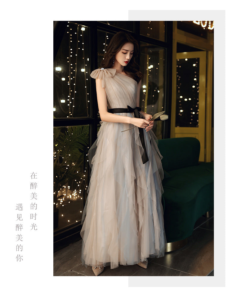 Annual Party Evening Dress Women's 2024 Belt Oblique Shoulder Design Socialite Host Dress Temperament Piano Performance Dress