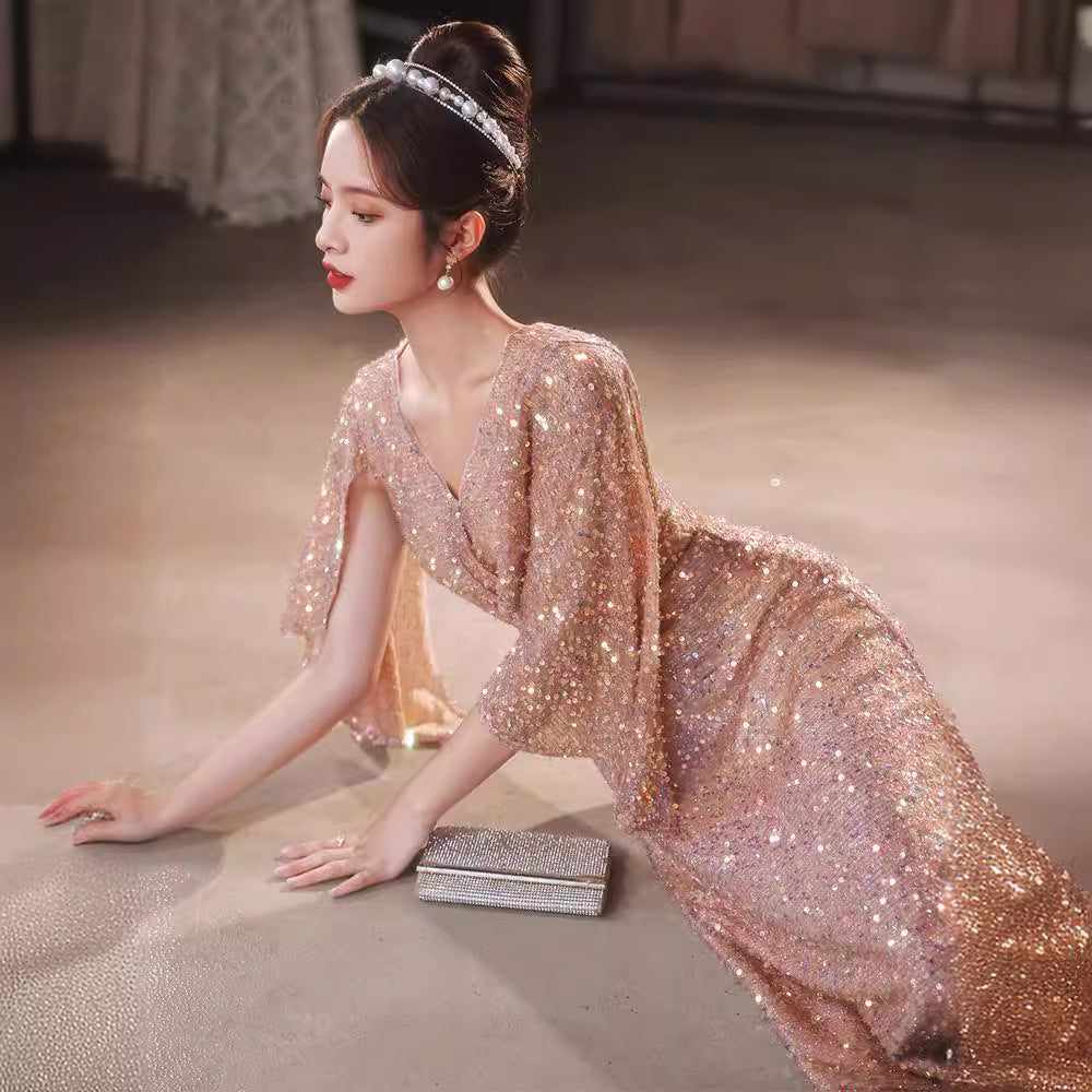 Foreign Trade Cross-Border Supply Evening Dress for Women 2024 New Banquet Socialite Temperament Entry Lux Niche Host Sense Sequins