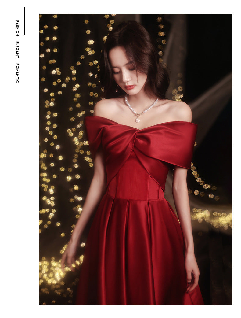 Wine Red Toast Dress Bride 2024 New Appreciation Dinner Engagement Wedding Back-to-Door off-Shoulder Evening Dress for Women Autumn