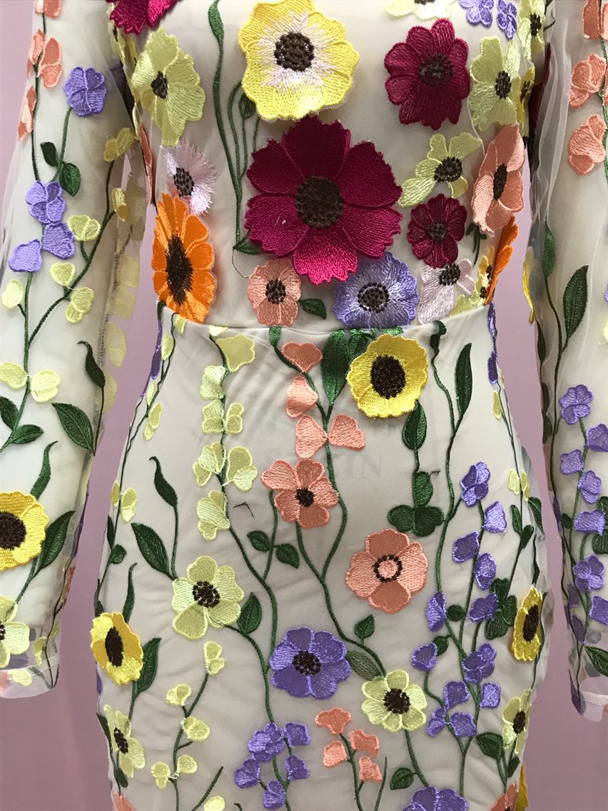 24 Cross-Border European and American Spring and Summer round Neck Colorful Three-Dimensional Flower Embroidery Mesh Slim Fit Sheath Fishtail Dress Dress