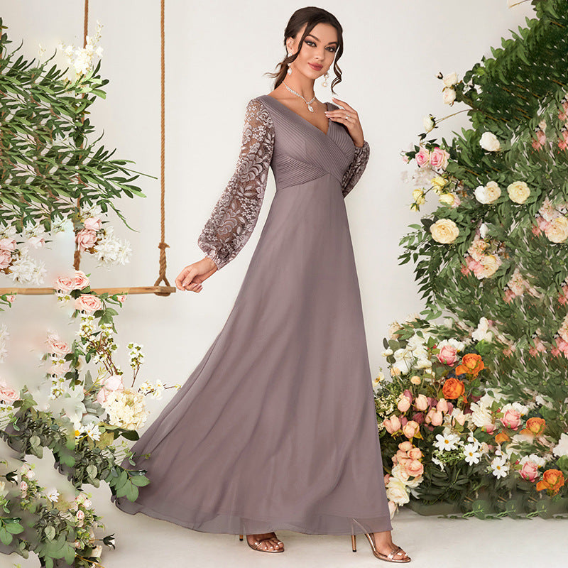 Long Evening Dress Slim Fit Slimming Dress New Banquet Host V-neck Performance Fashion Dress