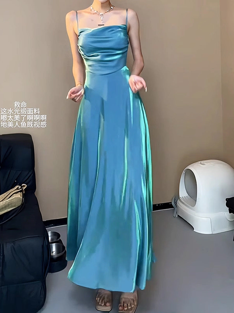 Sparkling Hepburn Feng Shui Light Satin Sling Dress Waist-Tight Temperament Long Dress French High-Grade Niche Skirt