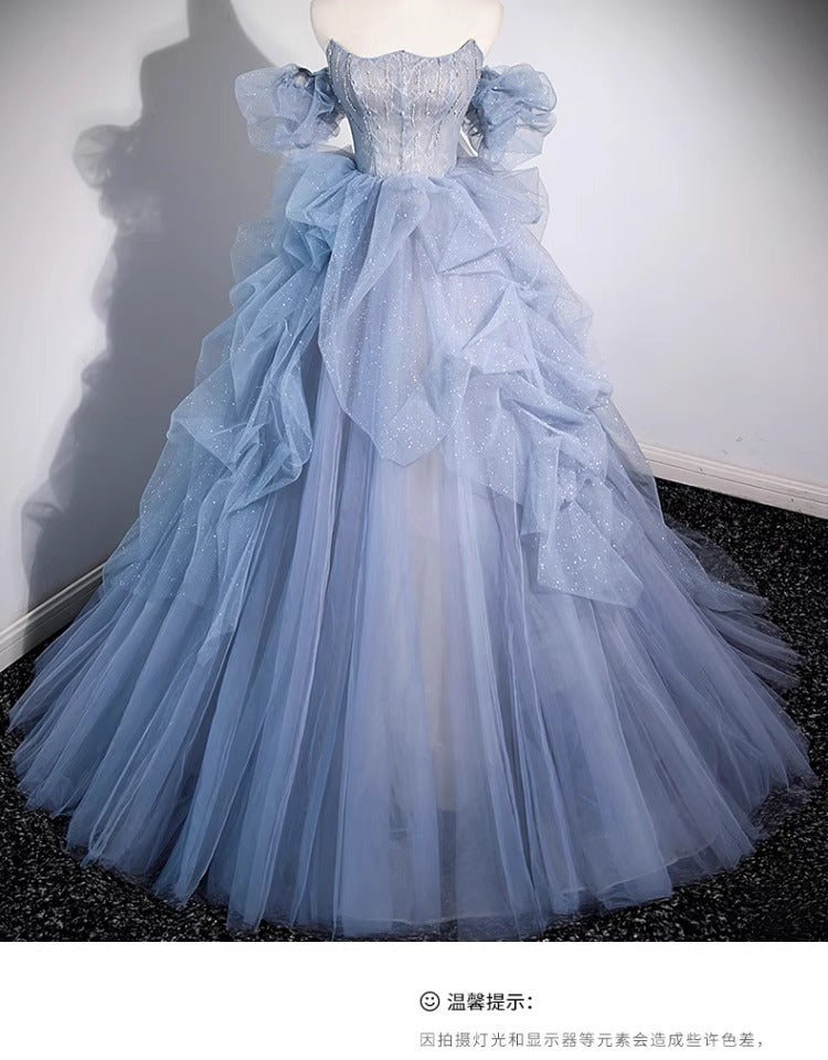 off-Shoulder Evening Dress Haze Blue Piano Performance Adult Ceremony Wedding Dress Bel Canto Solo Blue Gauze Skirt Art Test H2839