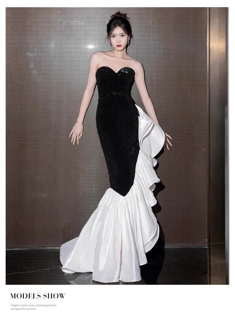 Black Paillette Evening Dress for Women High-End Affordable Luxury Niche Graduation Adult Ceremony Tube Top High-Grade Sense Bridal Party Fishtail Skirt