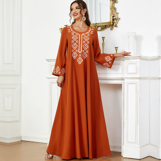 3567 Muslim Women's Wear Solid Color Embroidery Muslim Middle East Women's Clothing Arab Dress Long Sleeve Dress