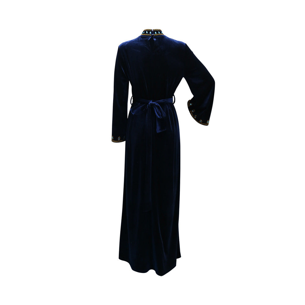 Xqy500219 Muslim Dubai Suede Dinner Dress Robe Blue Water Drop Rhinestone Jalabia Women's Clothing