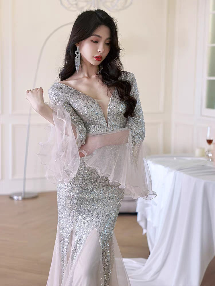 Silver Heavy Industry Evening Dress for Women 2024 New Ladies Banquet Temperament Annual Meeting Host Sexy Fishtail High Sense