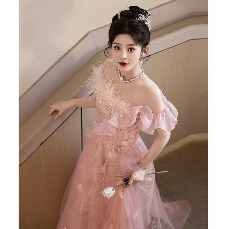 off-Shoulder Evening Dress Female Banquet Temperament Socialite High-End Affordable Luxury Niche Host Engagement High-Grade Pink