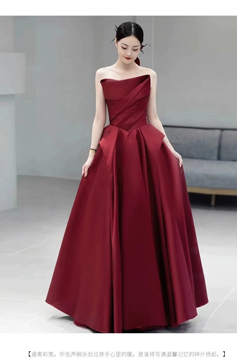 Wine Red Tube Top High-End Bridal Toast Clothing Satin High-End Sense Wedding Evening Dress Host Performance Costume Long