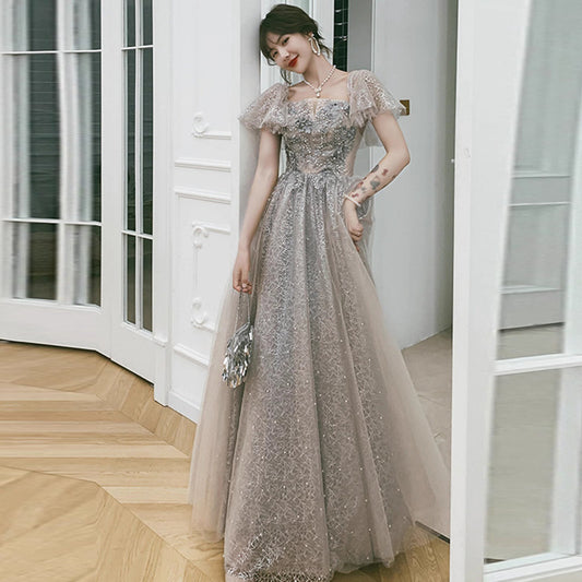 Gray Evening Dress for Women 2024 New High-End Banquet Fairy Temperament Birthday Vocal Music Art Test Dress Light Luxury Minority