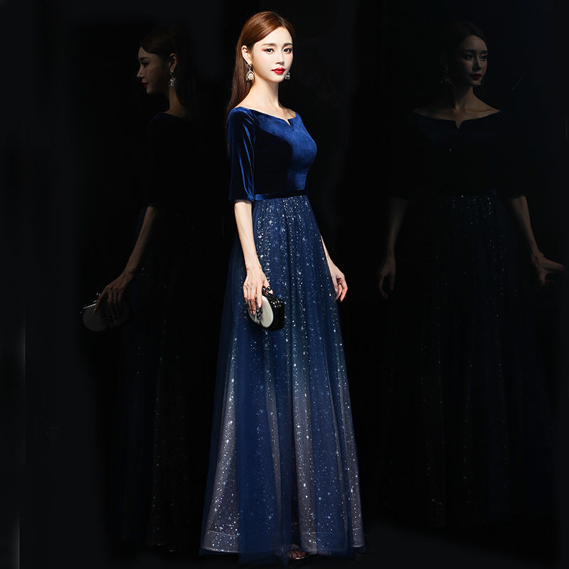 Host Evening Dress Women 2024 New Autumn off-Shoulder Banquet Queen Long Choir Costumes Women