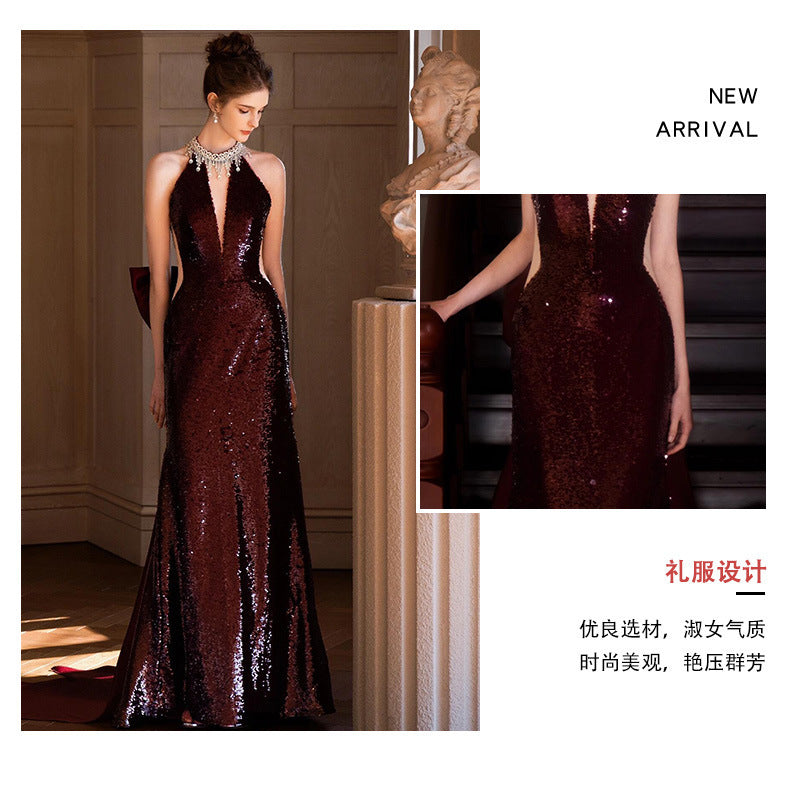 Sequined Toast Dress for Bride Wine Red Engagement Banquet Temperament Long Halter-Style Heavy Work Fishtail Evening Dress for Women