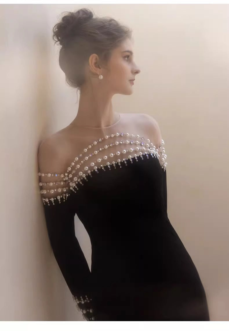 French Style Hepburn Wind Black Evening Dress 2024 New Long-Sleeved Pearl off-Shoulder Fishtail Costume