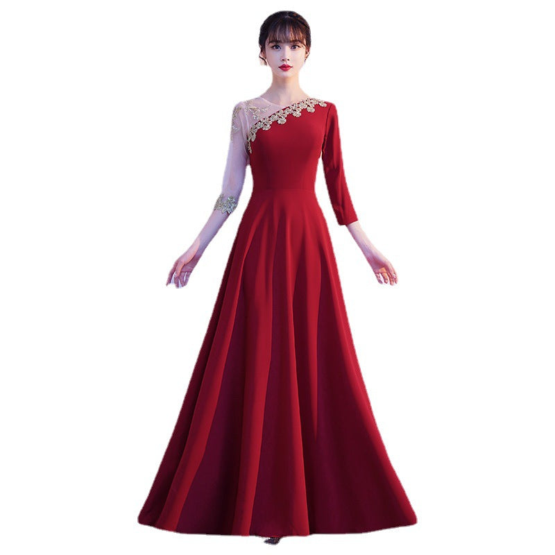 Wine Red Choir Performance Costume 2024 New Red Song Host Solo Costume Toast Clothing Dress for Women