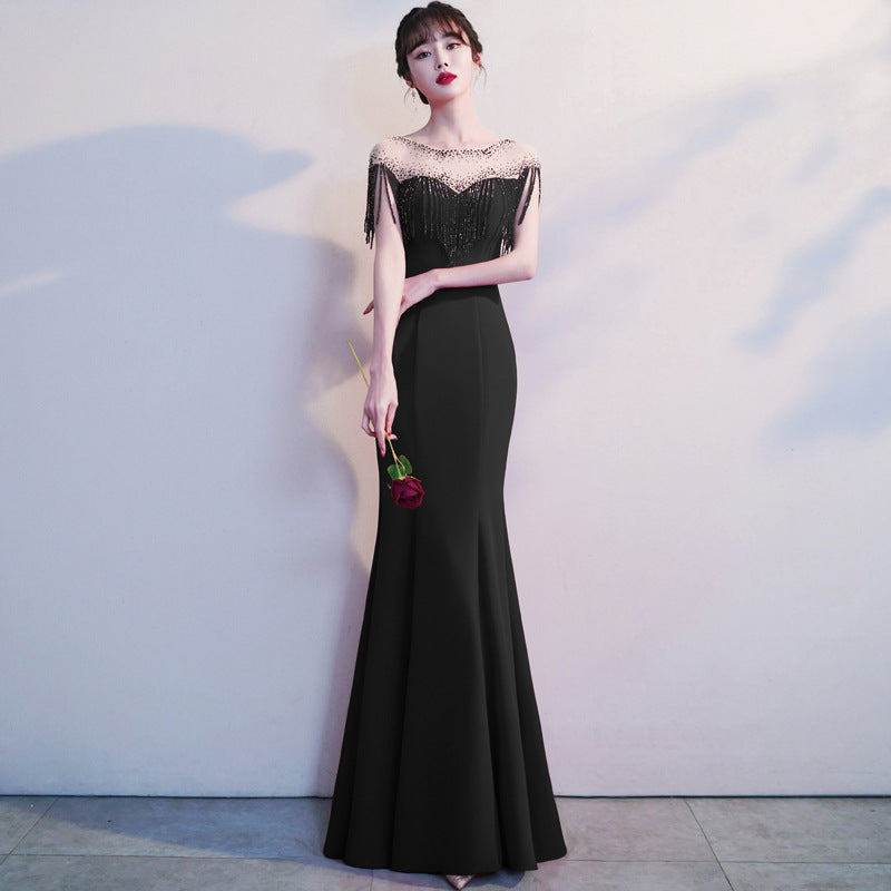 Evening Dress Black Sequin Socialite Dress Host Banquet Dress H2839