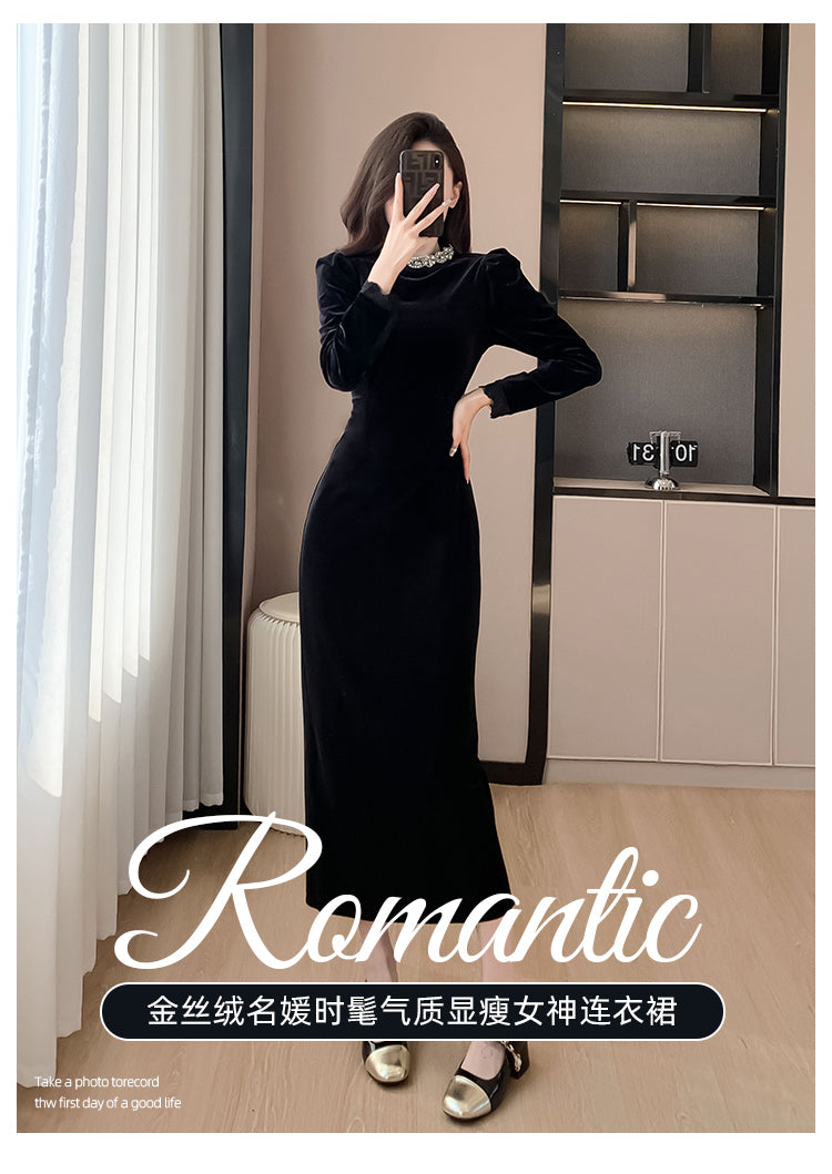 Black Dress High-End Dress Long Light Luxury Beads Rhinestones Long Sleeve Velvet Dress Autumn and Winter Annual Party Banquet Evening Wear