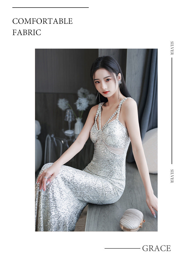 Silver Suspender Evening Dress Bridesmaid Dress Toast Dress V-neck Slimming Dress Banquet Sheath Dress Long Dress