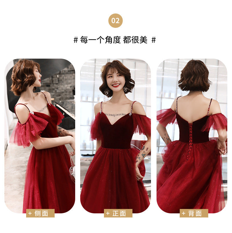 Toast Dress Bride Wine Red Dress Slimming Temperament 2022 New Banquet Strap Handmade Marriage Engagement Dress