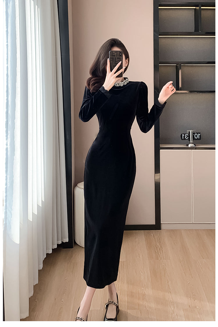 Black Dress High-End Dress Long Light Luxury Beads Rhinestones Long Sleeve Velvet Dress Autumn and Winter Annual Party Banquet Evening Wear