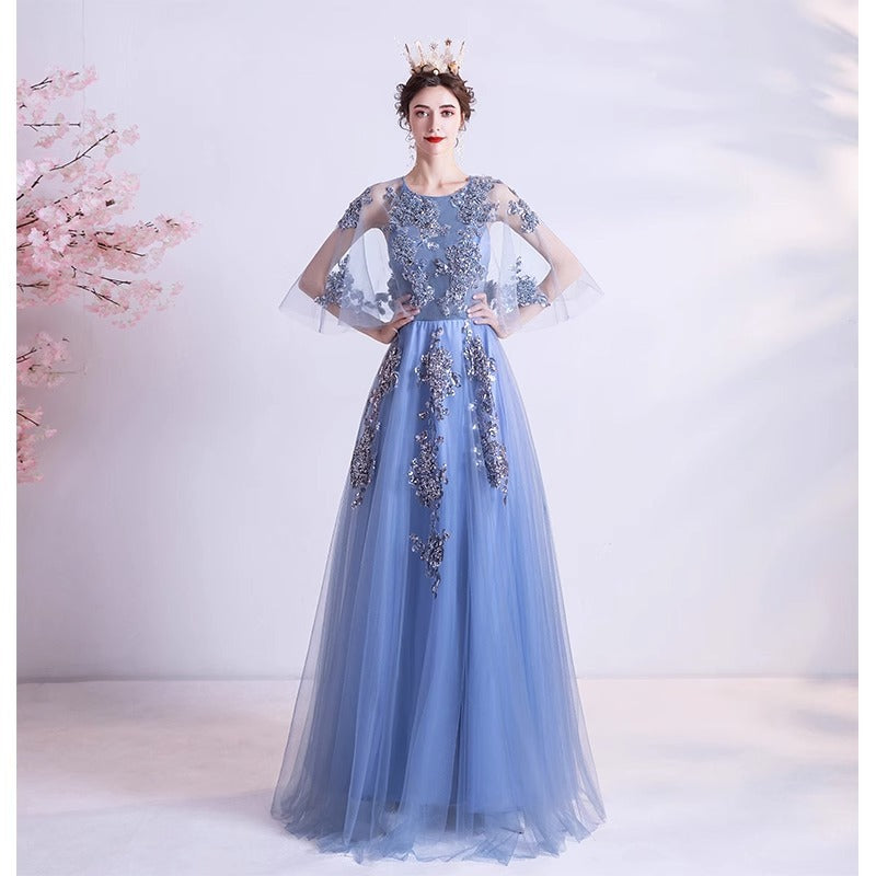 Blue Veils Slimming Banquet Annual Meeting Stage Performance Host Wedding Dress Evening Gown 273